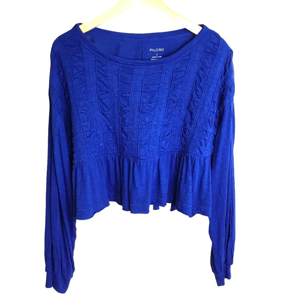 PILCRO ANTHROPOLOGIE Cobalt Blue Babydoll Peplum Top Cotton Boho Oversized S